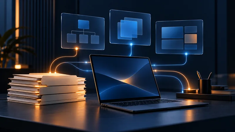 Illustration conceptuelle de documents et d’applications interconnectés.